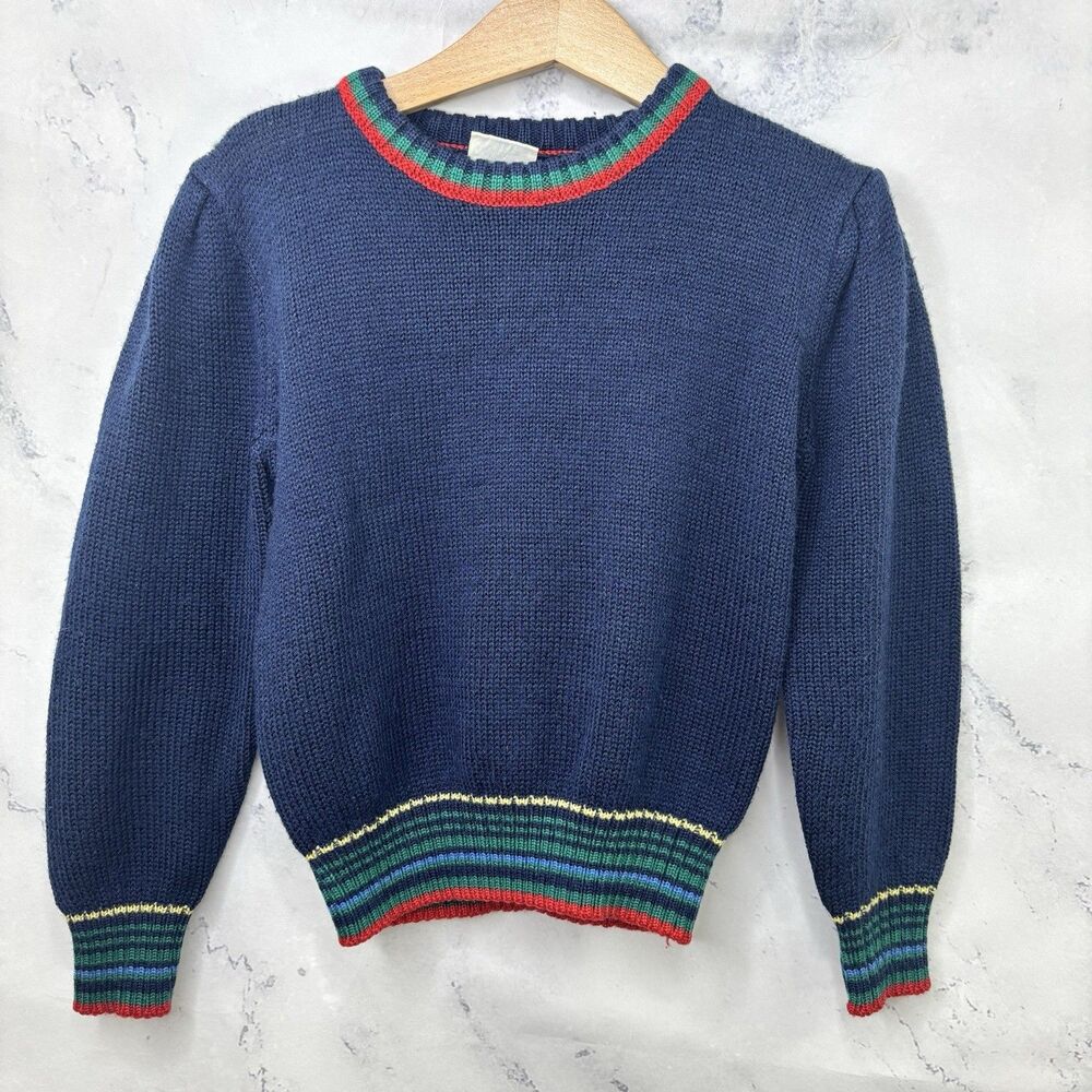 Vtg 70s Toddler Knit Blue Sweater 4T Rainbow Retro Sweatshirt Christmas Holliday